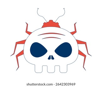 Cyber bug com objeto de desenho 2D de face de crânio. Malware, vírus de computador inseto. Cabeça de esqueleto de besouro rastejante. Ameaça de cibersegurança isolada elemento plano vetor clip-art no branco. Ilustração pontual