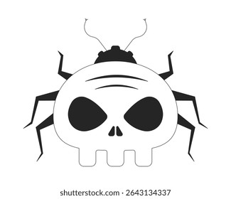 Cyber bug with skull face 2D line object. Malware, computer virus insect. Crawling beetle skeleton head. Cybersecurity threat isolated clipart vector ink outline item. Monochrome spot illustration