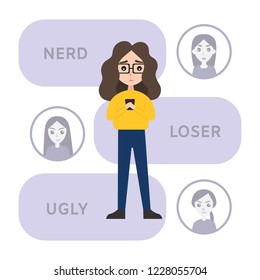Cyber bulling vector concept. Sad teen girl reading mean comments on her phone. Mean comments as the background. EPS 10