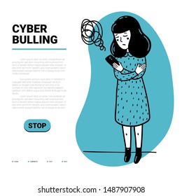 Cyber bulling web template. Sad girl reading mean abusive text messages on her phone and place for text. Flat style vector illustration on white background.