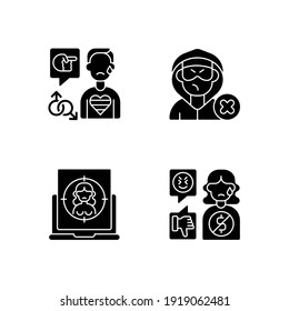 Cyber Bullying Black Glyph Icons Set On White Space. Block Or Mute Harasser. Ban Internet Troll. Online Sexual Harassment. Offensive Comment. Silhouette Symbols. Vector Isolated Illustration