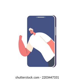 Cyber Bullying, Bully Network Abuse, Online Harassment Concept. Angry Aggressive Man Hater Yelling and Blaming from Smartphone Screen Isolated on White Background. Cartoon People Vector Illustration