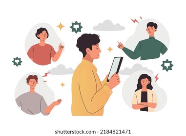 Cyber Bullying Concept. Boys And Girls Insult Teenager In Social Networks. Ridicule And Resentment, Passive Aggression. Internet Communication And Discrimination. Cartoon Flat Vector Illustration