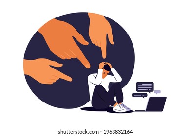 Cyber bullying concept. Depressed man sitting on the floor. Opinion and the pressure of society. Shame. Vector flat