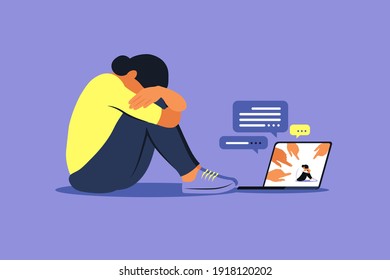 Cyber bullying concept. Depressed woman sitting on the floor. Opinion and the pressure of society. Shame. Vector flat