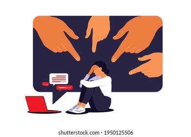 Cyber bullying concept. Depressed woman sitting on the floor. Opinion and the pressure of society. Shame. Vector flat