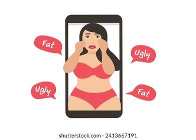 Cyber bullying concept, fat woman depressed with bullying words, hate speech from online social media vector illustration