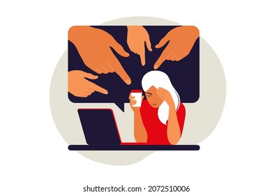 Cyber bullying concept. Opinion and the pressure of society. Shame. Hands of people point to the girl. Non-confident woman. Vector. Flat