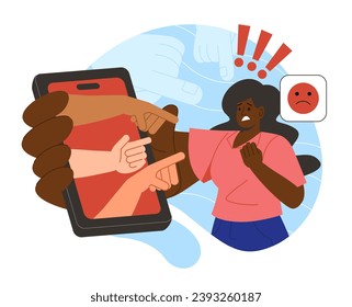 Cyber-Bullying-Konzept. Traurige Frau mit Smartphone. Belästigung im Internet und Online-Beleidigungen. Negative Emotionen und Einsamkeit. Cartoon-FlachVektorgrafik einzeln auf weißem Hintergrund