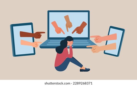 Cyber bullying concept vector illustration. Upset woman crying in front of computer, tablet and smartphone. Social media blame.