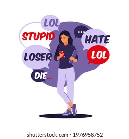 Cyber bullying concept. Woman receives abusive messages. Vector illustration. Flat.