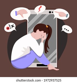 Cyber bullying concept. Young sad woman sitting on the floor and crying holding her head. vector flat cartoon illustration