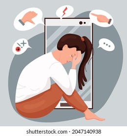 Cyber bullying concept. Young sad woman sitting and crying holding her head. Flat vector illustration