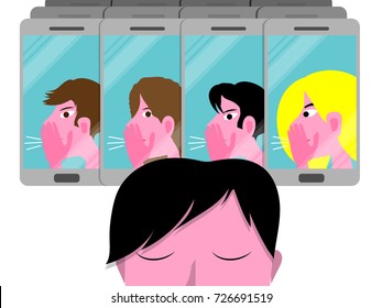 Cyber bullying conceptual vector illustration with sad boy, male teenager molested by a group on cellphones isolated on white