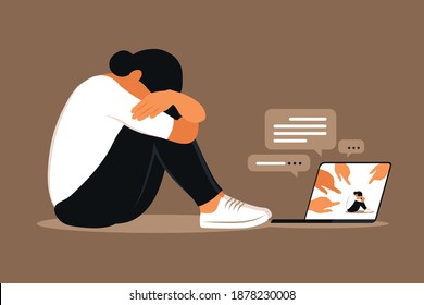 Cyber bullying. Depressed woman sitting on the floor. Opinion and the pressure of society. Shame. Vector flat