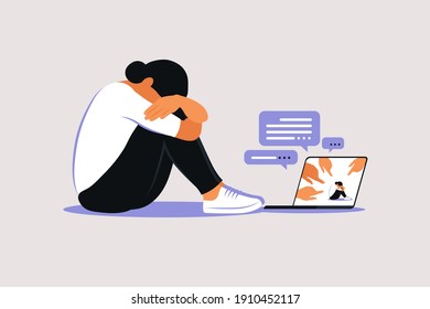 Cyber bullying. Depressed woman sitting on the floor. Opinion and the pressure of society. Shame. Vector flat