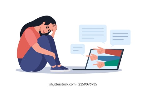 Cyber bullying. Depressed woman sitting on the floor, hands with index fingers pointing at her. Opinion and the pressure of society. Shame. Vector illustration