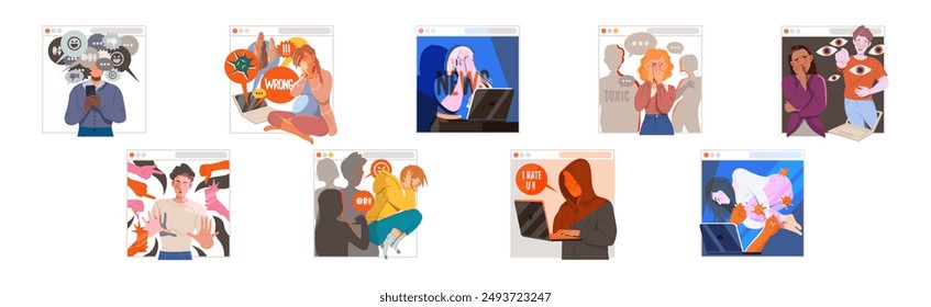 Cyber Bullying with Depressed Young People Character Victim Vector Set