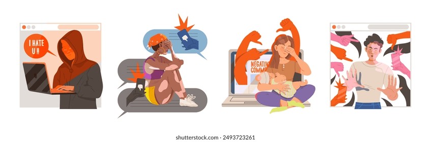 Cyber Bullying with Depressed Young People Character Victim Vector Set