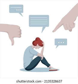 Cyber bullying. Depressed young woman sitting on the floor,  surrounded by message bubbles. Haters pointing fingers at victim. Social media side effects. Hate, violence, stress, online abuse concept