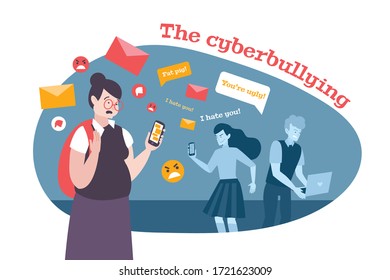 Cyber bullying flat composition with editable text angry emoticons symbols of messages and characters of children vector illustration