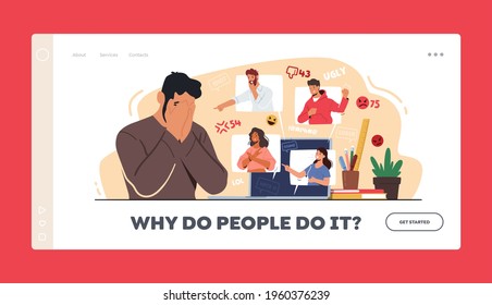 Cyber Bullying Harassment Landing Page Template. Teen Character Crying front of Computer Screen after Being Bullied over Internet. Cyberbullying Network Abuse. Cartoon People Vector Illustration