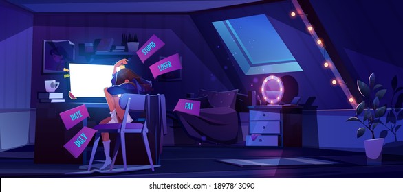 Cyber bullying harassment. Teen girl crying front of computer screen in her room after being bullied and called nasty names over the internet. Cyberbullying network abuse, Cartoon vector illustration