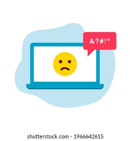 Cyber Bullying Icon. Cyberbullying Victim. Yellow Sad Emoji. Abuse, Internet Online Hate, Swear and Insult concept. Icon of Cyberbullying Online Chat on Computer Laptop. Vector illustration.