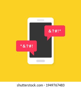 Cyber bullying icon on yellow background. Cyberbullying victim. Abuse, internet hate, swear and insult concept. Cyberbullying online chat in smartphone. Icon vector illustration.