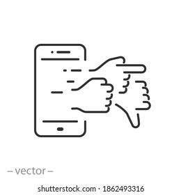 ícono de ciberacoso, persecución en línea del acoso, ataque de odio, usuario de abuso, símbolo de línea delgada sobre fondo blanco - ilustración de vector de ataque modificable