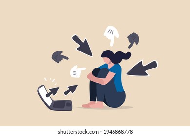 Cyber bullying, internet abuse or online troll, social media problem with hater comments concept, depressed teenager girl sitting alone with computer laptop and mouse hand cursors pointing on her.