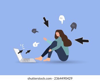 Cyber bullying, internet abuse or online troll, social media problem with hater comments concept, depressed teenager girl sitting alone with computer laptop and mouse hand cursors pointing on her.
