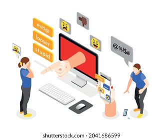Composición isométrica del ciberacoso con emoticonos de smartphone de computadora mensajes ofensivos y personajes humanos de la ilustración de víctima y vector del matón