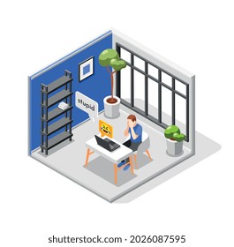 Cyber bullying isometric composition with crying man being bullied in internet sitting in room with laptop on desk 3d vector illustration