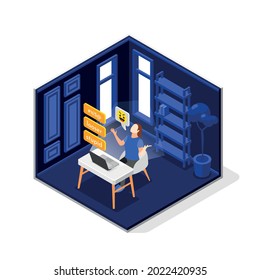Cyber bullying isometric composition with female character of bully attacking somebody sending messages via internet 3d vector illustration