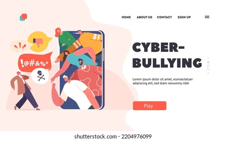 Cyber Bullying Landing Page Template. Cyberbullying Attack, Bully Network Abuse and Harassment. Haters on Smartphone Screen Yell over Internet on Female Character. Cartoon People Vector Illustration