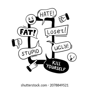 Cyber bullying, mobile trolling, conflict and violence situation. Bad reviews, comments, dislike on messenger and social networks. Vector illustration isolated in doodle style on white background.