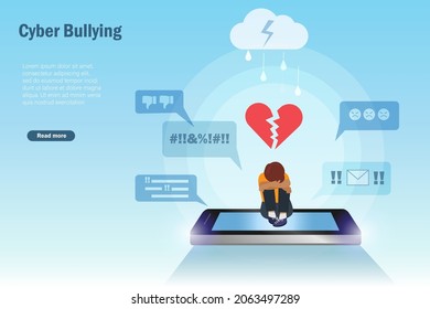 Cyber bullying, negative criticism, online hate speech, child abuse  concept. Kid with broken heart crying at smartphone screen with hate speech from online social media network.  