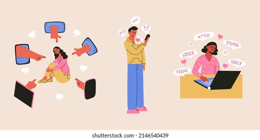 Cyber bullying and online abuse concepts. Upset. shame and crying people take haters messages and dislike in social media. Flat vrctor illustration of internet problems, victim of mass media.