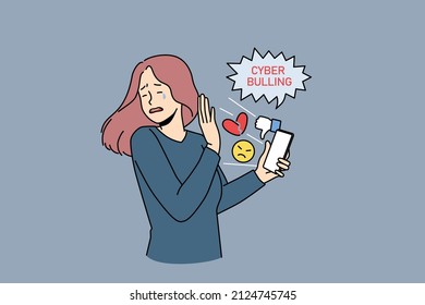 Cyber bullying and online crime concept. Stressed crying girl standing and trying not to look at smartphone with dislikes and negative information vector illustration 