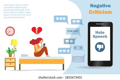 Cyber bullying, online shaming, hate speech and negative criticism concept. Woman crying in her bedroom when seeing hate speech from online social network on smartphone. Vector Illustration.