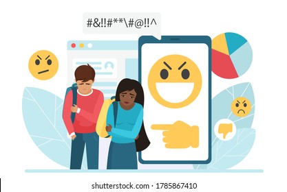 Cyber bullying people vector illustration. Cartoon flat sad bullied teen boy and girl surrounded by message bubbles, online dislike and hate messages, cyber bully mockery problem in social network