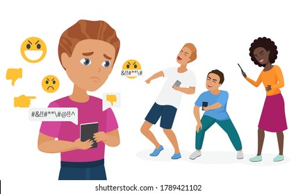 Ilustración vectorial de la gente que amedrenta cibernéticamente. Caricatura plana y triste acosando a un personaje de adolescente que sostiene un smartphone con mensajes de odio de sus compañeros de clase, problema de burla a los cibermatones en la escuela aislado en blanco