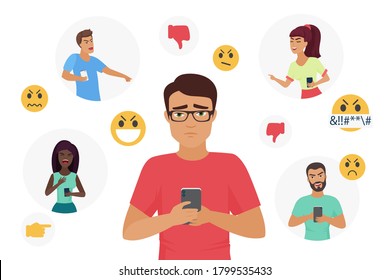 Cyber bullying people vector illustration. Cartoon flat young sad man character holding smartphone, unhappy depressed guy receiving bully hate messages in social media, cyber mockery isolated on white