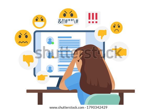 Cyber bullying people vector illustration. Cartoon
flat sad young bullied girl character sitting in front of computer
with online dislike in social media, cyber bully mockery problem
isolated on white