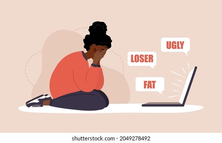 Cyber Bullying. Sad African Woman With Laptop Receiving Pop Up Messages. Online Abuse Concept. Teenager Sitting On The Floor And Crying. Vector Illustration In Flat Cartoon Style.