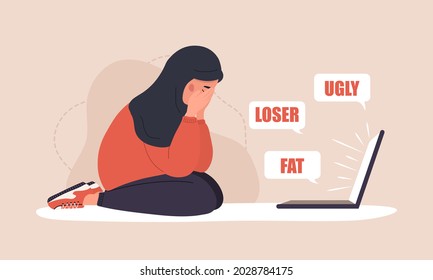 Cyber bullying. Sad arab woman with laptop receiving pop up messages. Online abuse concept. Teenager sitting on the floor and crying. Vector illustration in flat cartoon style.