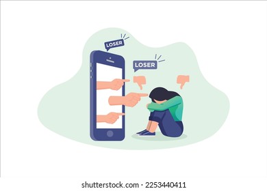 Cyber Bullying. Sad teenage girl sitting in front of phone with dislike in social media, mockery. Depressed young woman after insult, swear, verbal abuse in internet. Depression, stress concept 