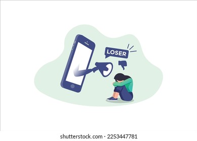 Cyber Bullying. Sad teenage girl sitting in front of phone with dislike in social media, mockery. Depressed young woman after insult, swear, verbal abuse in internet. Depression, stress concept 