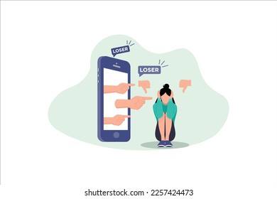 Cyber Bullying. Sad teenage girl sitting in front of phone with dislike in social media, mockery. Depressed young woman after insult, swear, verbal abuse in internet. Depression, stress concept 